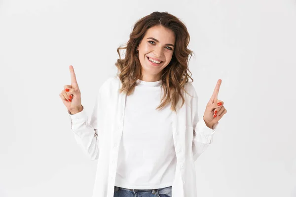 Portrait Positive Woman Casual Clothes Pointing Fingers Upward Isolated White — Stock Photo, Image