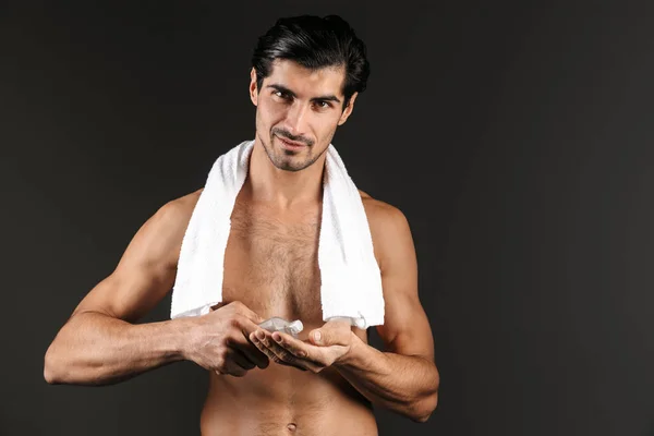 Handsome Shirtless Man Towel His Shoulders Standing Isolated Black Background — Stock Photo, Image