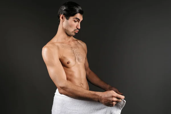 Handsome Shirtless Man Standing Isolated Black Background Wrapped Towel Looking — Stock Photo, Image