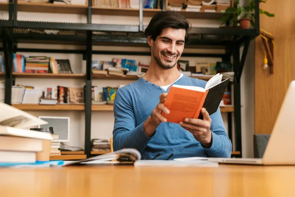 Handsome Confident Young Man Sitting Library Desk Working Studying Using — Stock Photo, Image