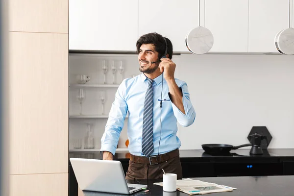 Confident Young Businessman Working Home Kitchen Using Laptop Computer Communicating — Stock Photo, Image