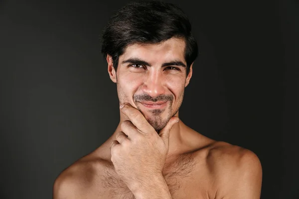 Image Handsome Naked Young Smiling Man Posing Isolated Dark Wall — Stock Photo, Image