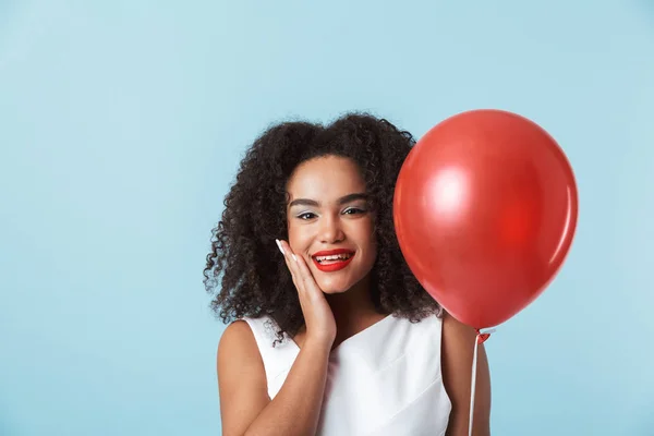 Cheerful Young African Woman Wearing Dress Celebrating Holding Balloon Isolated — Stock Photo, Image