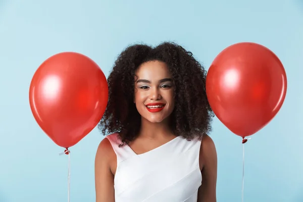 Cheerful African Woman Wearing Dress Celebrating Balloons Isolated — Stock Photo, Image