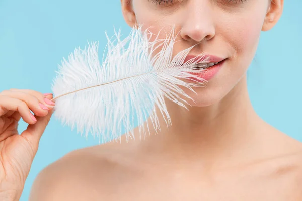 Cropped Picture Beautiful Young Woman Posing Isolated Blue Background Holding — Stock Photo, Image