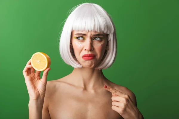 Attractive Upset Young Topless Woman Wearing Holding Lemon — Stock Photo, Image