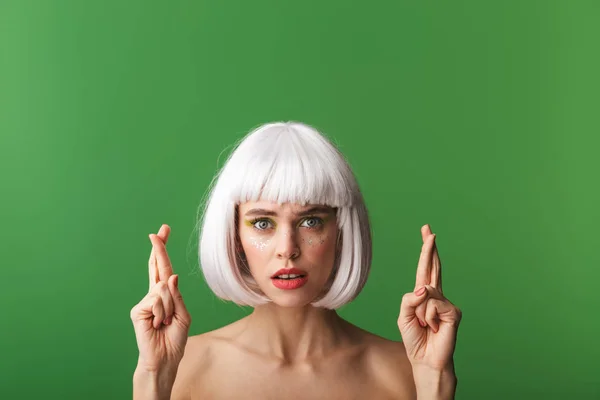 Attractive Worried Young Topless Woman Wearing Short White Hair Standing — Stock Photo, Image