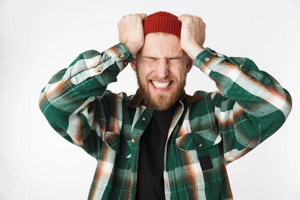 Retrato Del Hombre Estresado Con Sombrero Camisa Cuadros Gritando Agarrando —  Fotos de Stock
