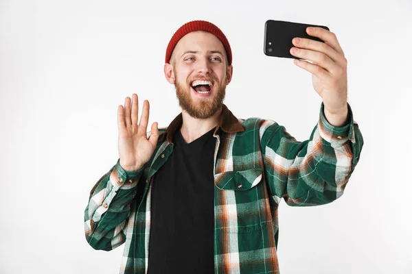 Afbeelding Van Kaukasische Man Dragen Van Muts Geruite Hemd Nemen — Stockfoto