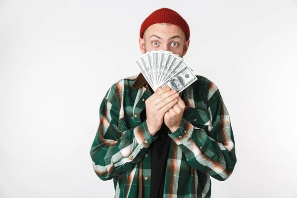 Imagen Tipo Atractivo Con Camisa Cuadros Sosteniendo Ventilador Dinero Del — Foto de Stock