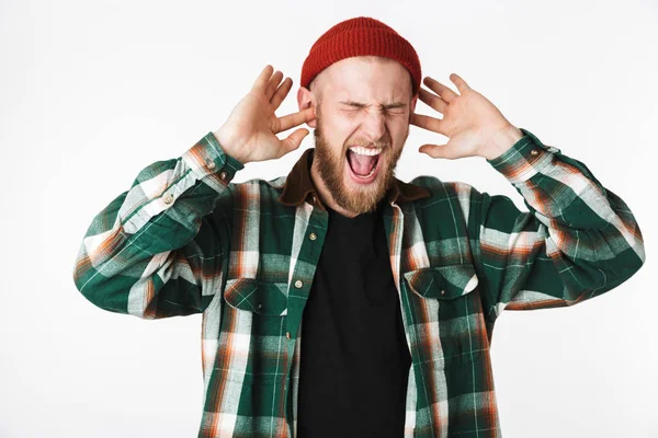 Afbeelding Van Nerveuze Bebaarde Man Dragen Van Hoed Geruite Shirt — Stockfoto