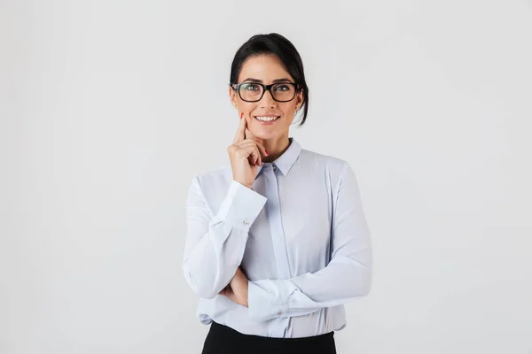 Photo Successful Businesswoman Wearing Eyeglasses Standing Office Isolated White Background — Stock Photo, Image