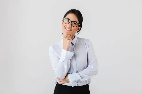 Gambar Wanita Sekretaris Yang Sukses Mengenakan Kacamata Berdiri Kantor Terisolasi — Stok Foto