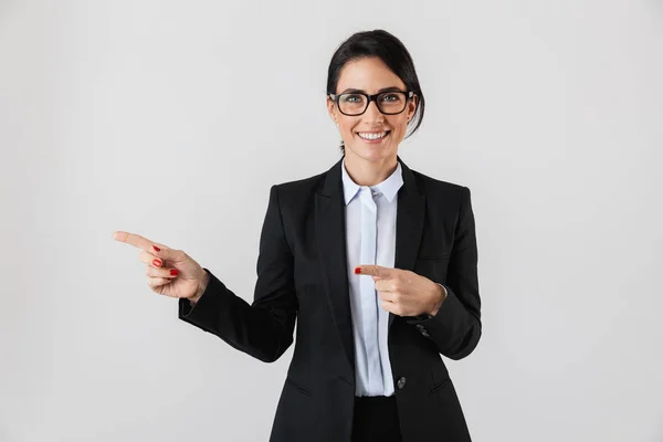 Retrato Empresária Europeia Anos Desgaste Formal Óculos Apontando Dedos Para — Fotografia de Stock