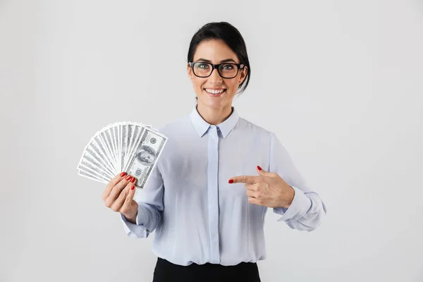 Bilden Europeiska Sekreterare Kvinna Bär Glasögon Håller Massa Pengar Kontoret — Stockfoto