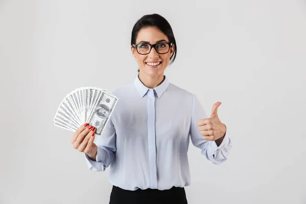 Bilden Kaukasiska Sekreterare Kvinna Bär Glasögon Håller Massa Pengar Kontoret — Stockfoto