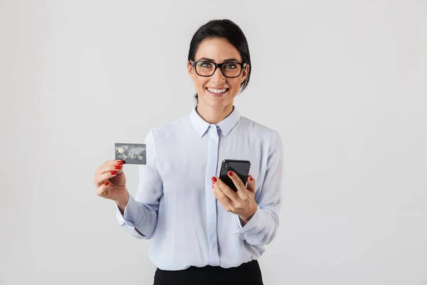 Imagen Una Mujer Oficina Inteligente Que Usa Anteojos Con Teléfono — Foto de Stock
