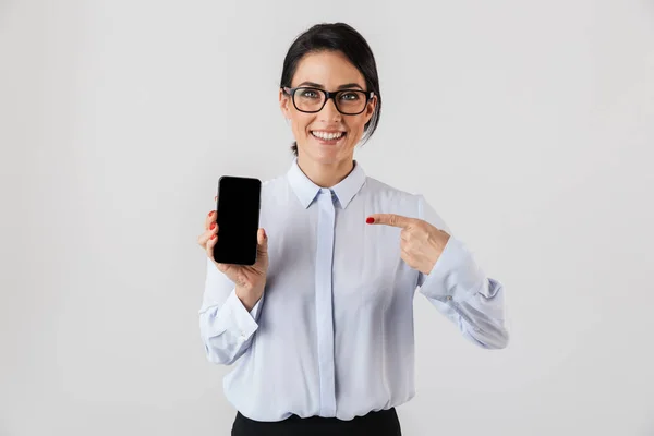 Imagen Una Exitosa Mujer Oficina Que Usa Anteojos Con Teléfono —  Fotos de Stock