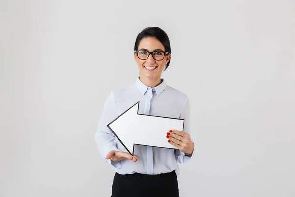 Foto Van Europees Bureau Vrouw Dragen Brillen Houden Leeg Pijlaanwijzer — Stockfoto