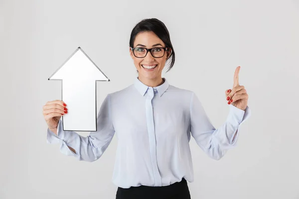 Foto Empresária Mulher Escritório Usando Óculos Segurando Ponteiro Seta Branco — Fotografia de Stock