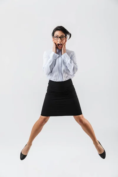 Full Length Portrait Pretty Businesswoman Jumping Isolated White Background Celebrating — Stock Photo, Image