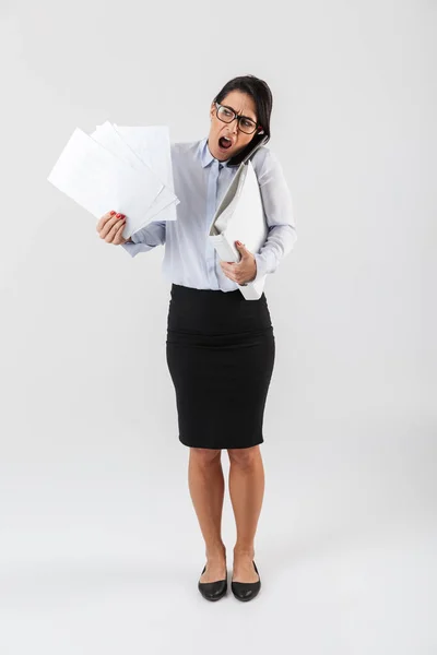Full Length Portrait Pretty Busy Businesswoman Standing Isolated White Background — Stock Photo, Image