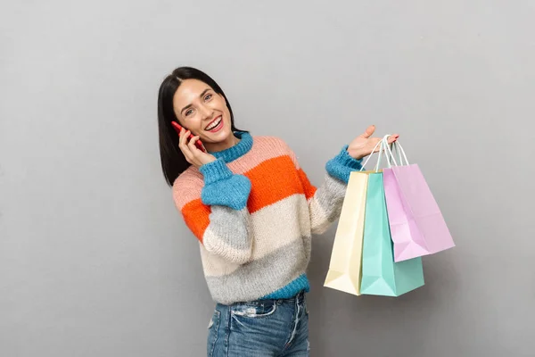 Porträt Einer Positiven Frau Den 30Er Jahren Die Bunte Einkaufstüten — Stockfoto