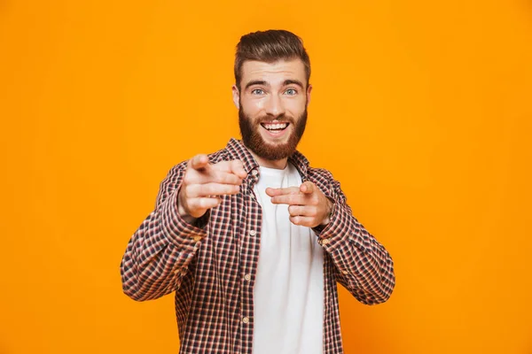 Portrait Cheerful Young Man Wearing Casual Clothes Standing Isolated Yellow — Stock Photo, Image