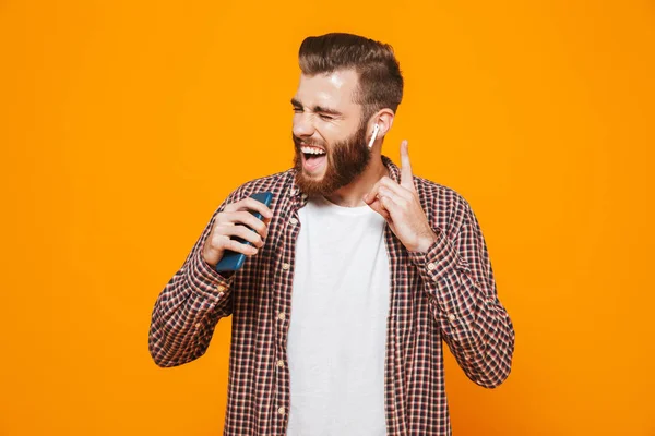 Portrait Cheerful Young Man Wearing Casual Clothes Standing Isolated Yellow — Stock Photo, Image