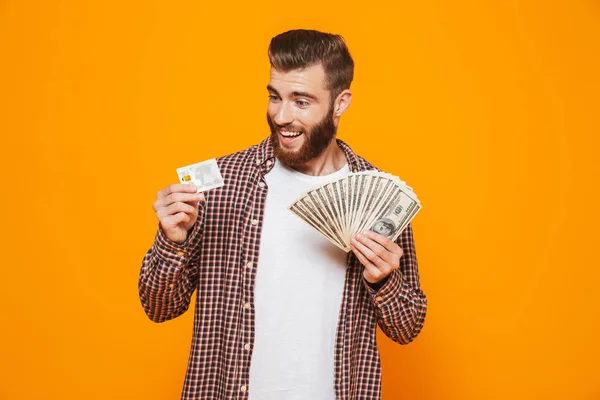 Portrait Cheerful Young Man Wearing Casual Clothes Standing Isolated Yellow — Stock Photo, Image