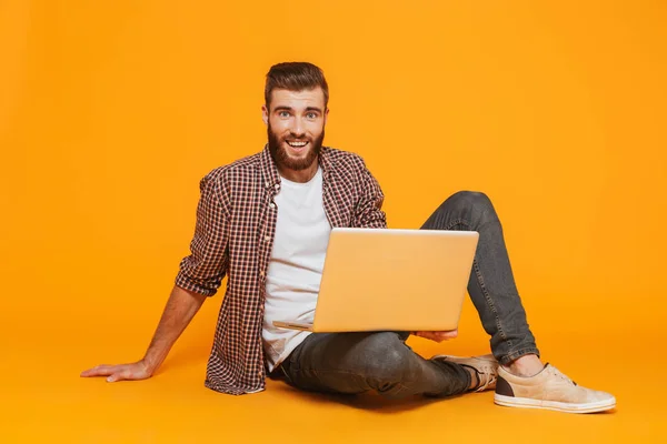 Portrait Cheerful Young Man Wearing Casual Clothes Sitting Isolated Yellow — Stock Photo, Image
