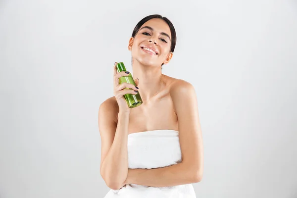 Beauty Portrait Attractive Woman Holding Body Lotion Isolated White Background — Stock Photo, Image