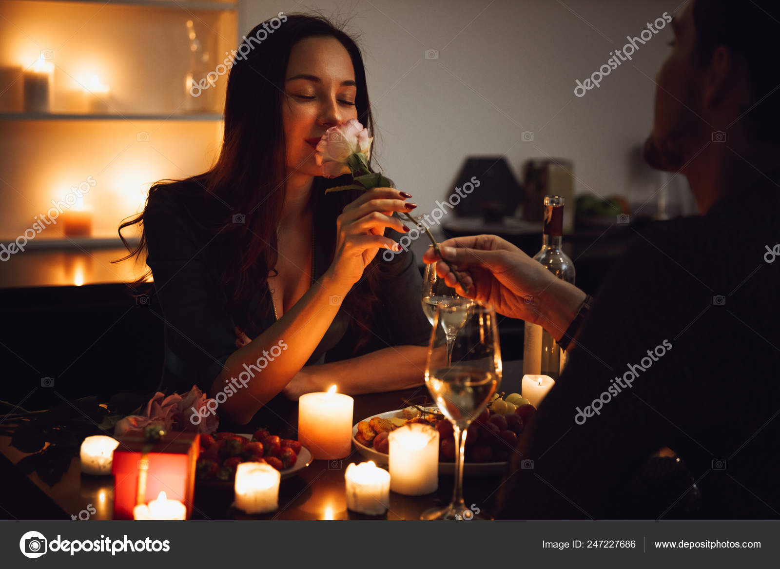 Beautiful Passionate Couple Having Romantic Candlelight Dinner Home