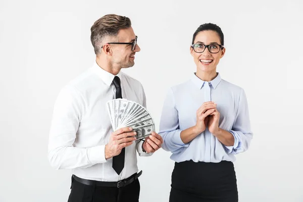 Par Colegas Con Ropa Formal Pie Aislados Sobre Fondo Blanco — Foto de Stock