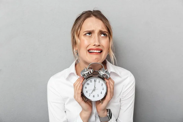 Mujer de negocios confusa aislada sobre fondo de pared gris sosteniendo reloj despertador . —  Fotos de Stock