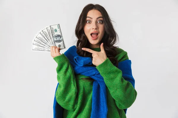 Portrait of excited woman 30s in casual clothes holding fan of d — Stok Foto