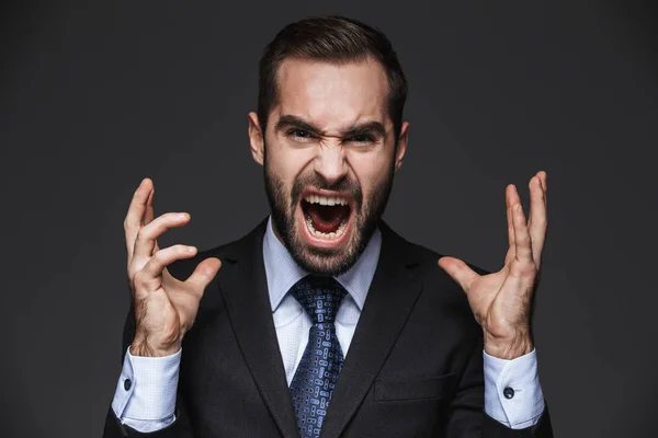 Retrato de um homem de negócios bonito louco vestindo terno — Fotografia de Stock