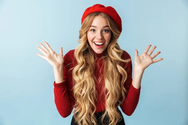 Image of charming blond woman 20s wearing red beret laughing and — Stock Photo, Image