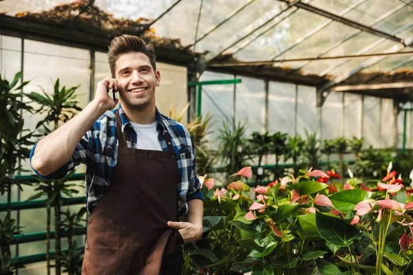 Jardinero hombre posando en la naturaleza invernadero jardín hablando por teléfono móvil . —  Fotos de Stock