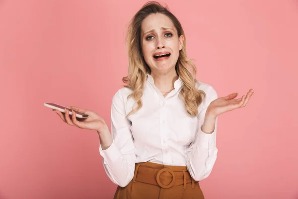 Portrait of resentful blond woman 30s in stylish outfit crying w — Stock Photo, Image