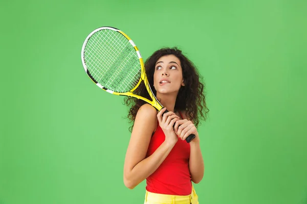Image of young female tennis player 20s smiling and holding rack — Stock Photo, Image