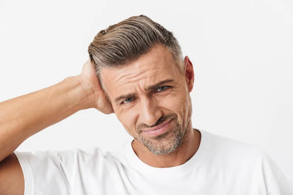 Image of exhausted man 30s with bristle wearing casual t-shirt g — Stock Photo, Image