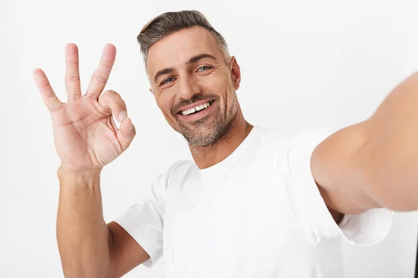 Image closeup of masculine man 30s wearing casual t-shirt lookin — Stock Photo, Image