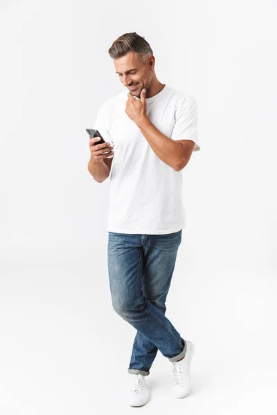 Full length image of masculine man 30s wearing casual t-shirt an — Stock Photo, Image