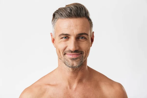Closeup portrait of european half naked man 30s having bristle s — Stock Photo, Image