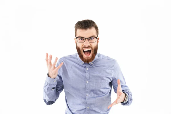 Gritando barbudo hombre elegante en gafas gestos —  Fotos de Stock