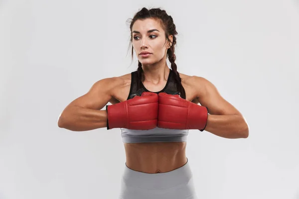 Güzel genç inanılmaz güçlü spor fitness kadın boksör beyaz duvar arka plan üzerinde izole poz eldiven ile egzersizyapmak. — Stok fotoğraf