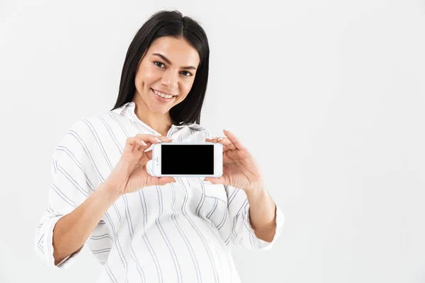 Image of joyful pregnant woman 30s with big belly smiling and ho — Stock Photo, Image