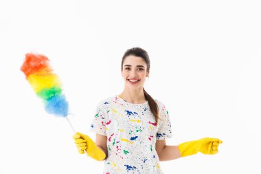 Avrupa ev hanımı 20s sarı lastik eldiven hol giyen fotoğraf