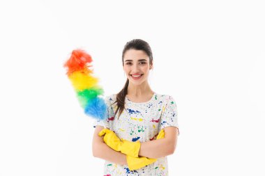 Güzel ev hanımı 20s sarı lastik eldiven ho giyen fotoğraf